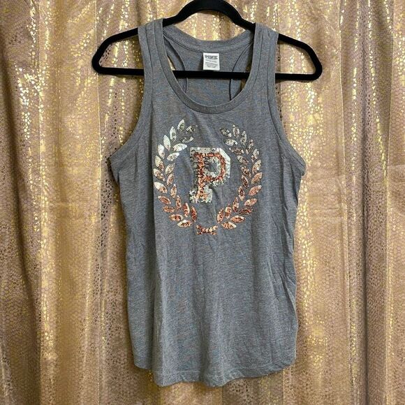 PINK Victoria’s Secret gray and rosegold/silver bling crest tanktop, size S EUC - Picture 1 of 4